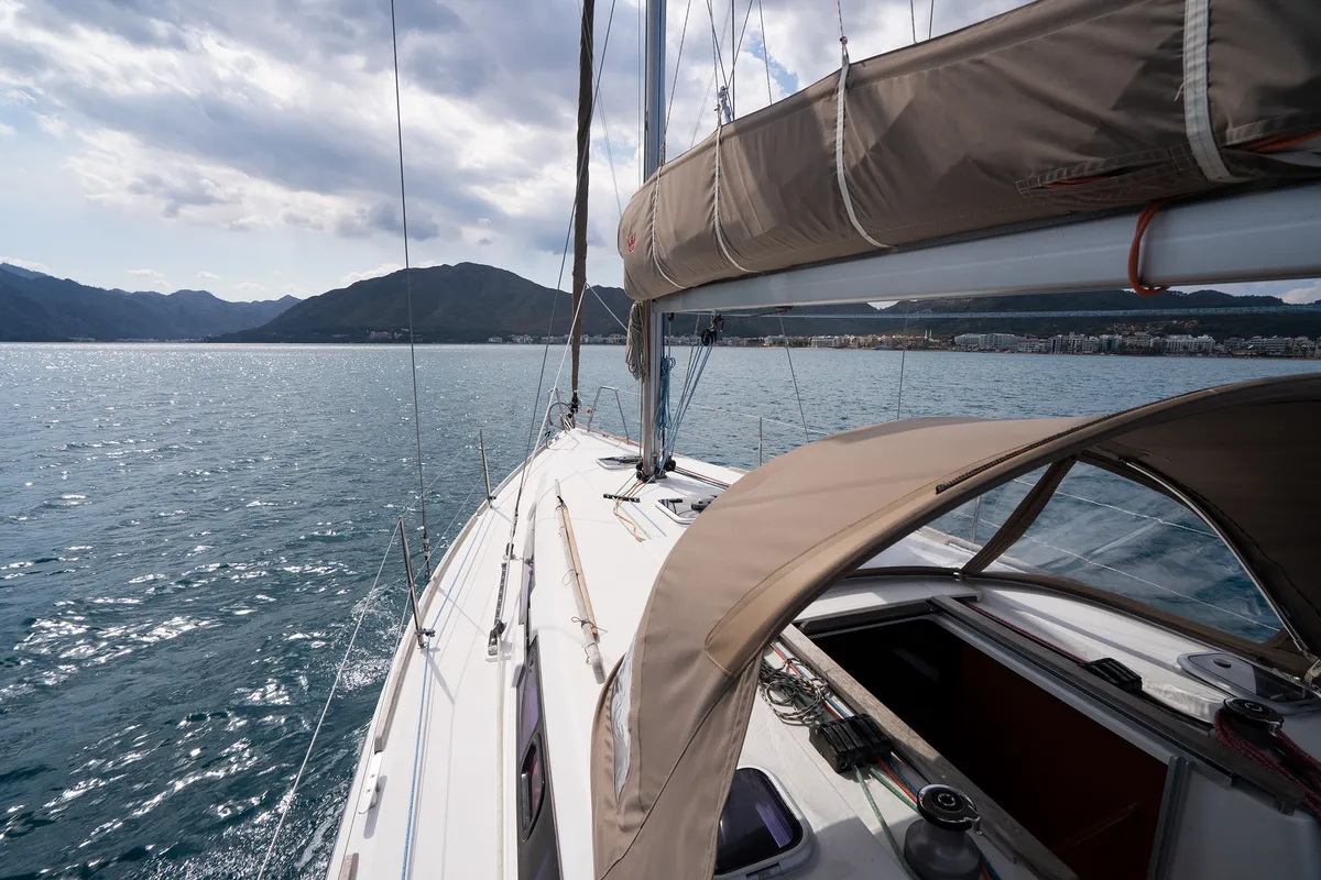 Deck of Moon River, a Dufour 335 Grand Large sailboat at Marmaris, Turkey
