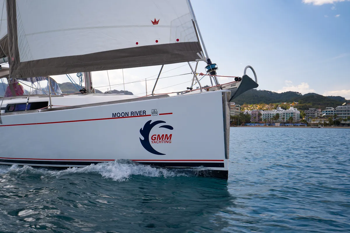 Exterior view of Moon River, a Dufour 335 Grand Large sailboat at Marmaris, Turkey