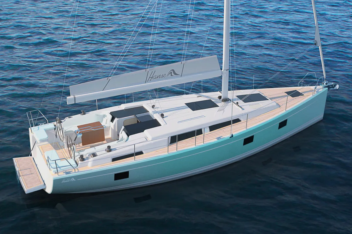 Exterior view of Piranha, a Hanse 418 sailboat at Municipal Unit of Lefkada, Greece