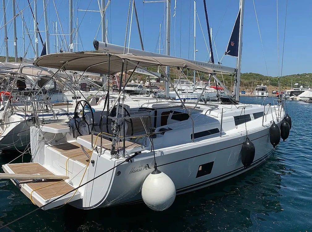 Exterior view of Piranha, a Hanse 418 sailboat at Municipal Unit of Lefkada, Greece