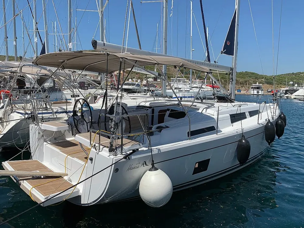 Cockpit of Piranha, a Hanse 418 sailboat at Municipal Unit of Lefkada, Greece