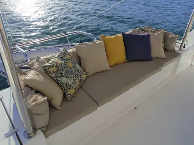 Deck of Albert, a Bali 4.5 catamaran at Port de Pollença, Spain
