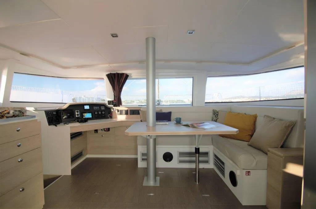 Salon of Albert, a Bali 4.5 catamaran at Port de Pollença, Spain