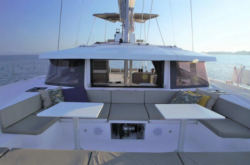 Deck of Albert, a Bali 4.5 catamaran at Port de Pollença, Spain