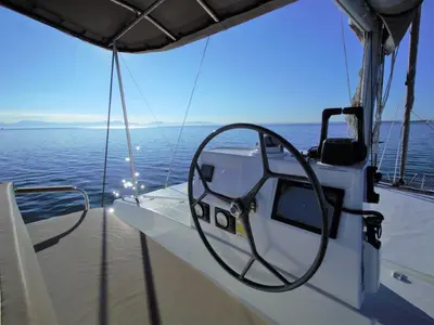 Cockpit of Albert, a Bali 4.5 catamaran at Port de Pollença, Spain
