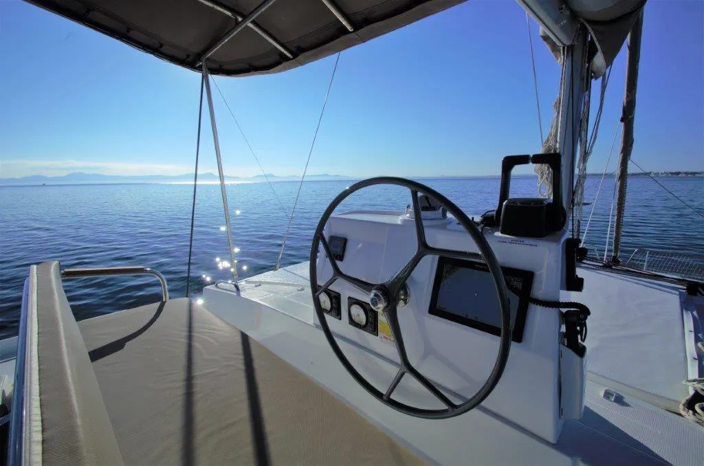 Cockpit of Albert, a Bali 4.5 catamaran at Port de Pollença, Spain