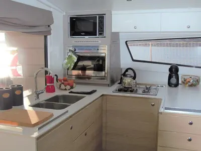 Galley of Albert, a Bali 4.5 catamaran at Port de Pollença, Spain