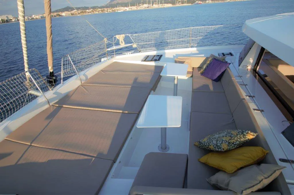 Deck of Albert, a Bali 4.5 catamaran at Port de Pollença, Spain
