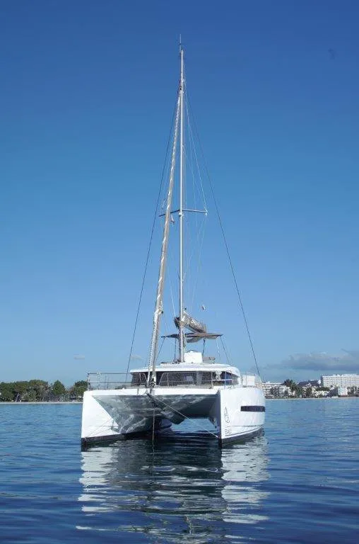 Exterior view of Albert, a Bali 4.5 catamaran at Port de Pollença, Spain