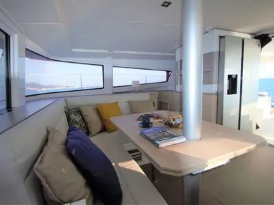 Salon of Albert, a Bali 4.5 catamaran at Port de Pollença, Spain