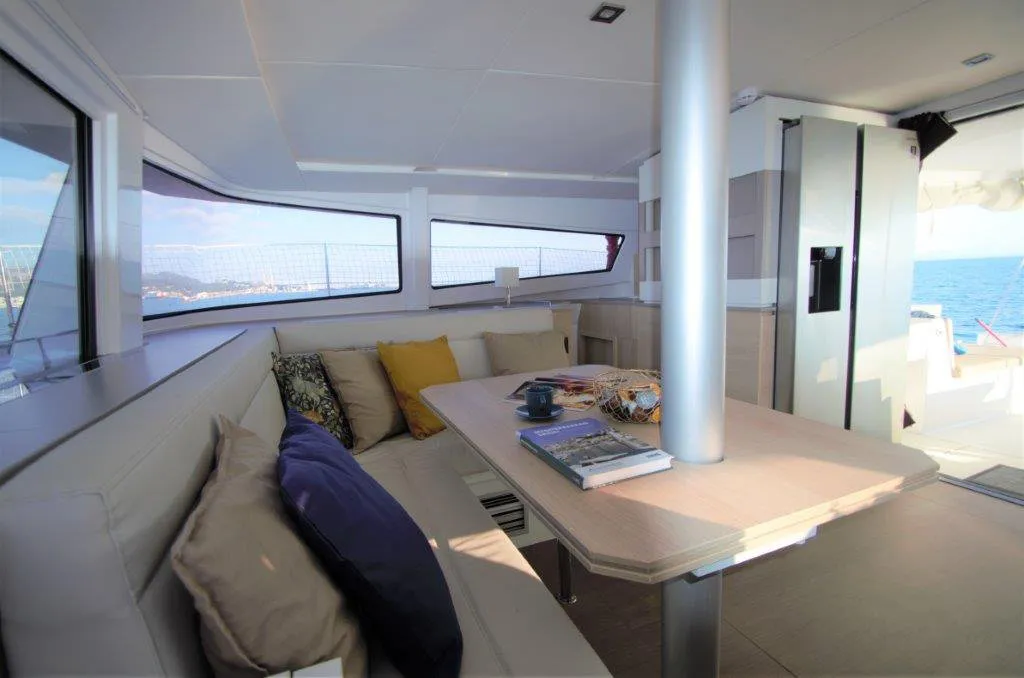 Salon of Albert, a Bali 4.5 catamaran at Port de Pollença, Spain