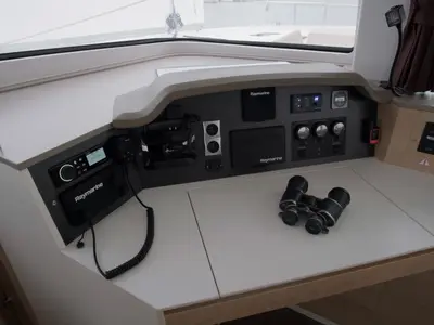 Cockpit of Albert, a Bali 4.5 catamaran at Port de Pollença, Spain