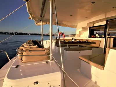 Deck of Albert, a Bali 4.5 catamaran at Port de Pollença, Spain