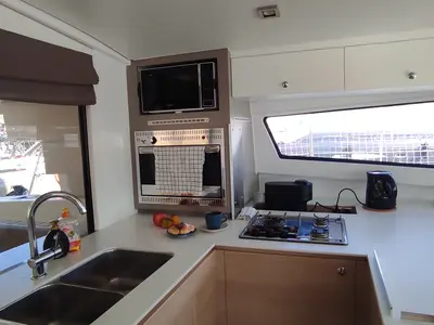 Galley of Albert, a Bali 4.5 catamaran at Port de Pollença, Spain
