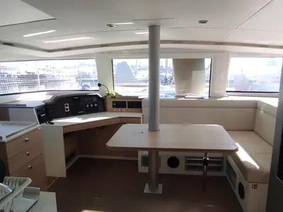 Salon of Albert, a Bali 4.5 catamaran at Port de Pollença, Spain