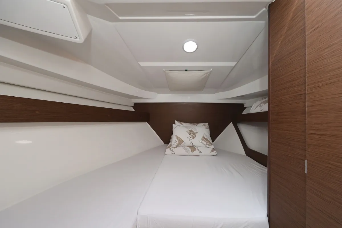 Cabin on Nemo, a Jeanneau Merry Fisher 795 motorboat at Pirovac, Croatia