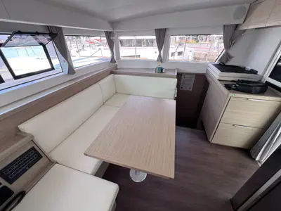 Salon of Niso, a Lagoon 40 catamaran at Loutraki, Greece
