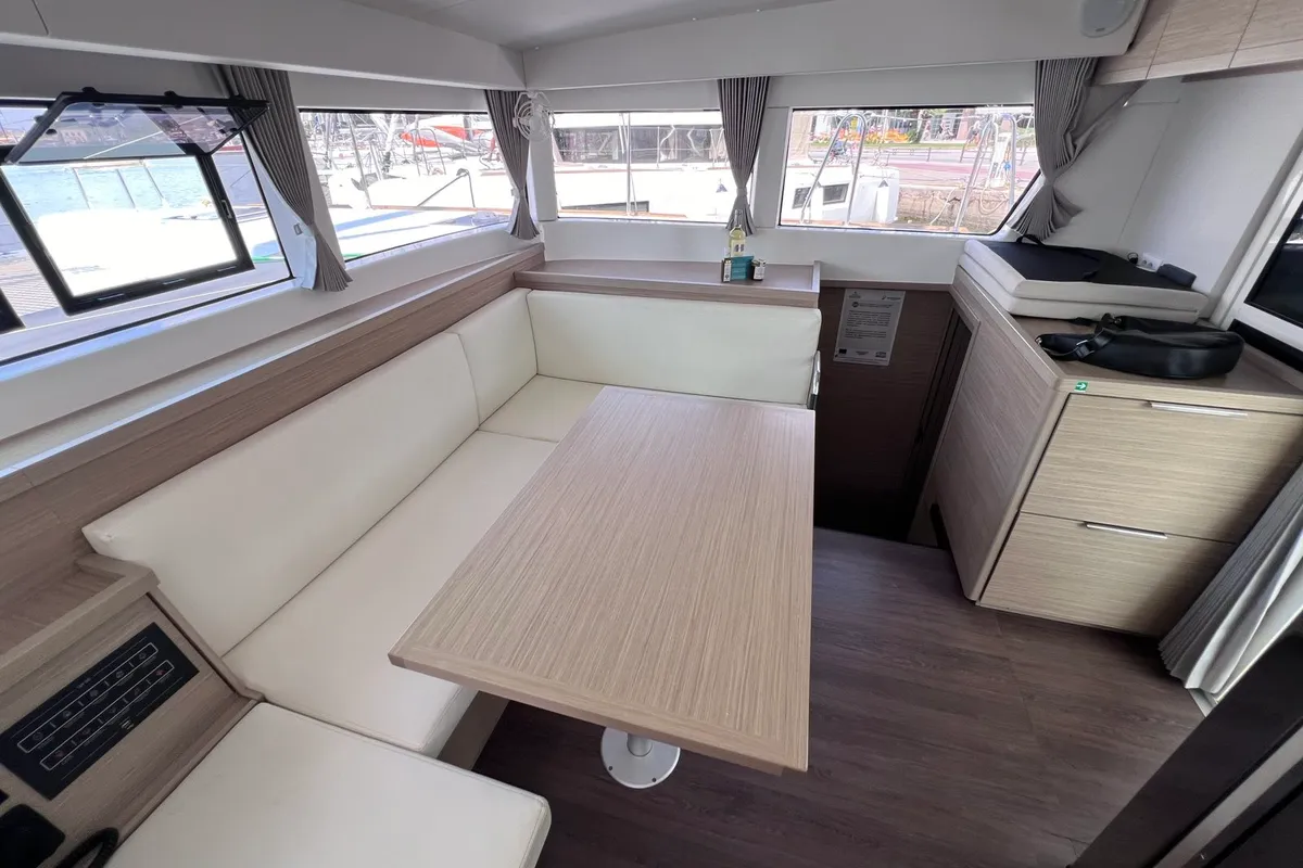 Salon of Niso, a Lagoon 40 catamaran at Loutraki, Greece