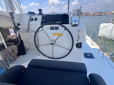 Cockpit of Niso, a Lagoon 40 catamaran at Loutraki, Greece