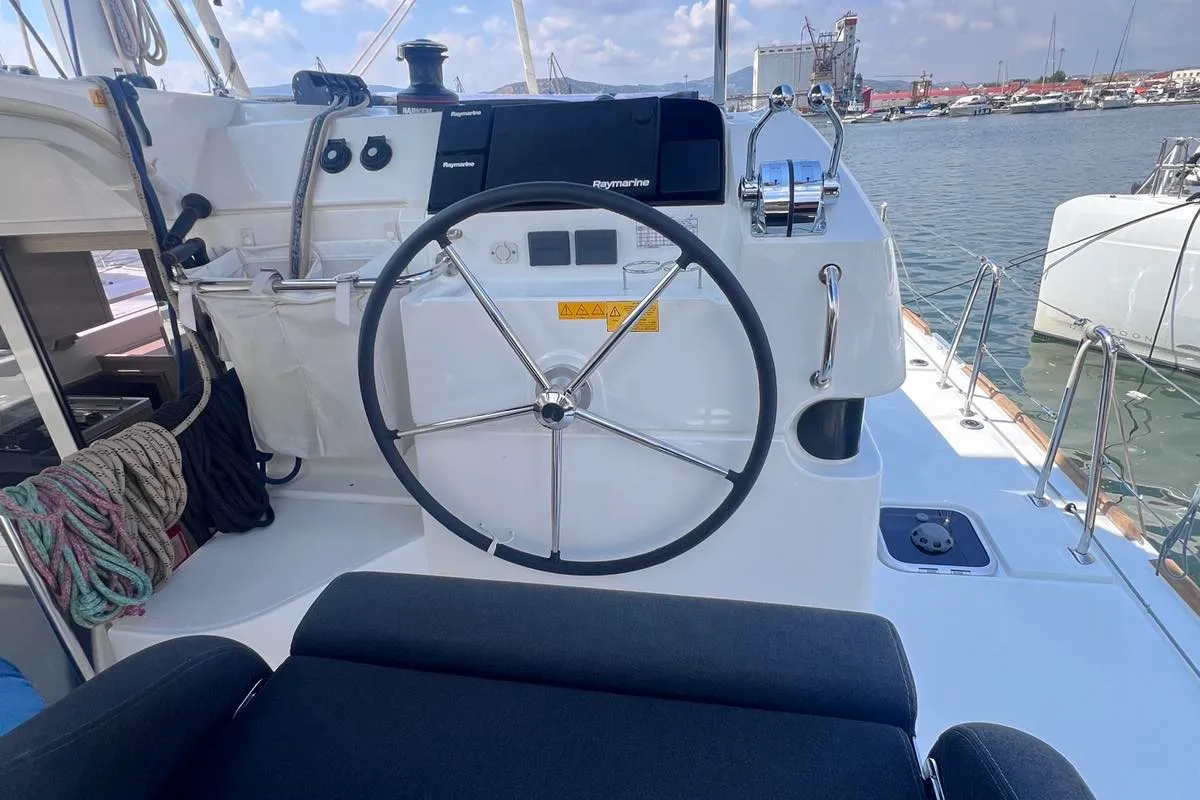 Cockpit of Niso, a Lagoon 40 catamaran at Loutraki, Greece