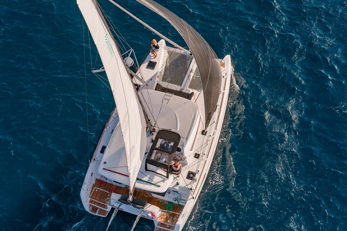 Exterior view of Niso, a Lagoon 40 catamaran at Loutraki, Greece