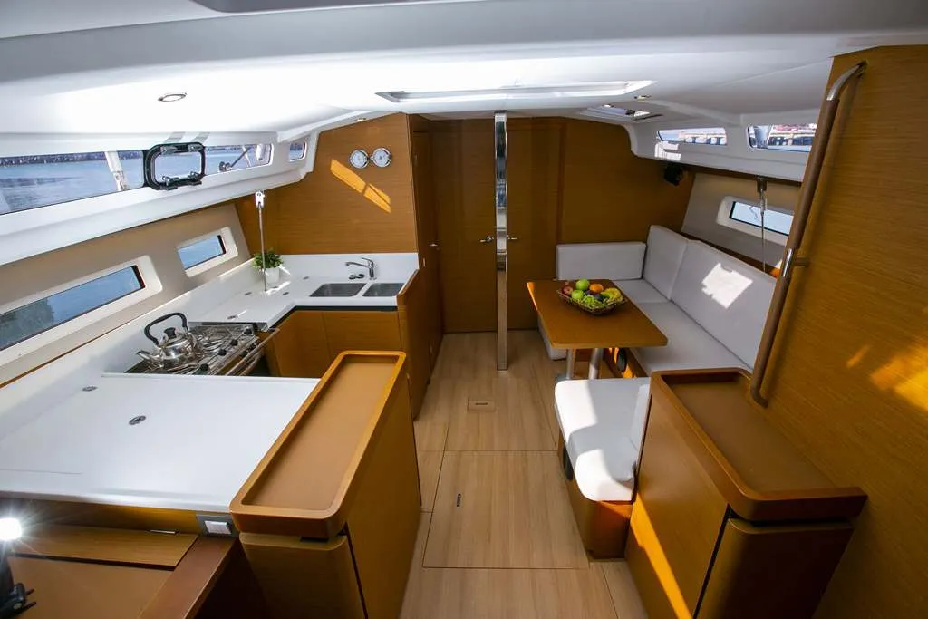 Salon of Endeavour, a Jeanneau Sun Odyssey 440 sailboat at Neo Klima, Greece