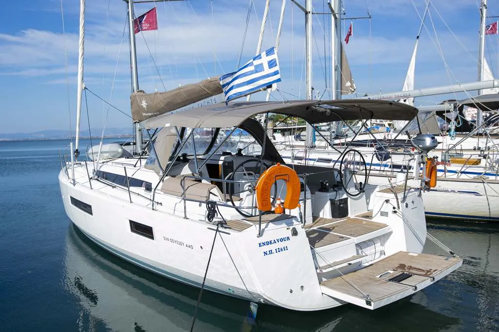 Exterior view of Endeavour, a Jeanneau Sun Odyssey 440 sailboat at Neo Klima, Greece