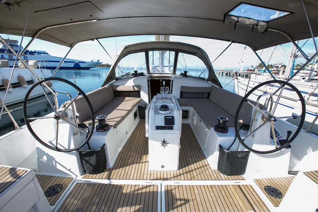 Cockpit of Endeavour, a Jeanneau Sun Odyssey 440 sailboat at Neo Klima, Greece