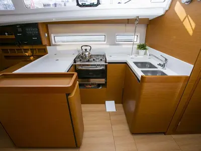 Galley of Endeavour, a Jeanneau Sun Odyssey 440 sailboat at Neo Klima, Greece