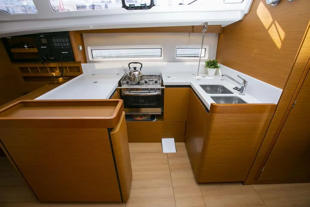 Galley of Endeavour, a Jeanneau Sun Odyssey 440 sailboat at Neo Klima, Greece
