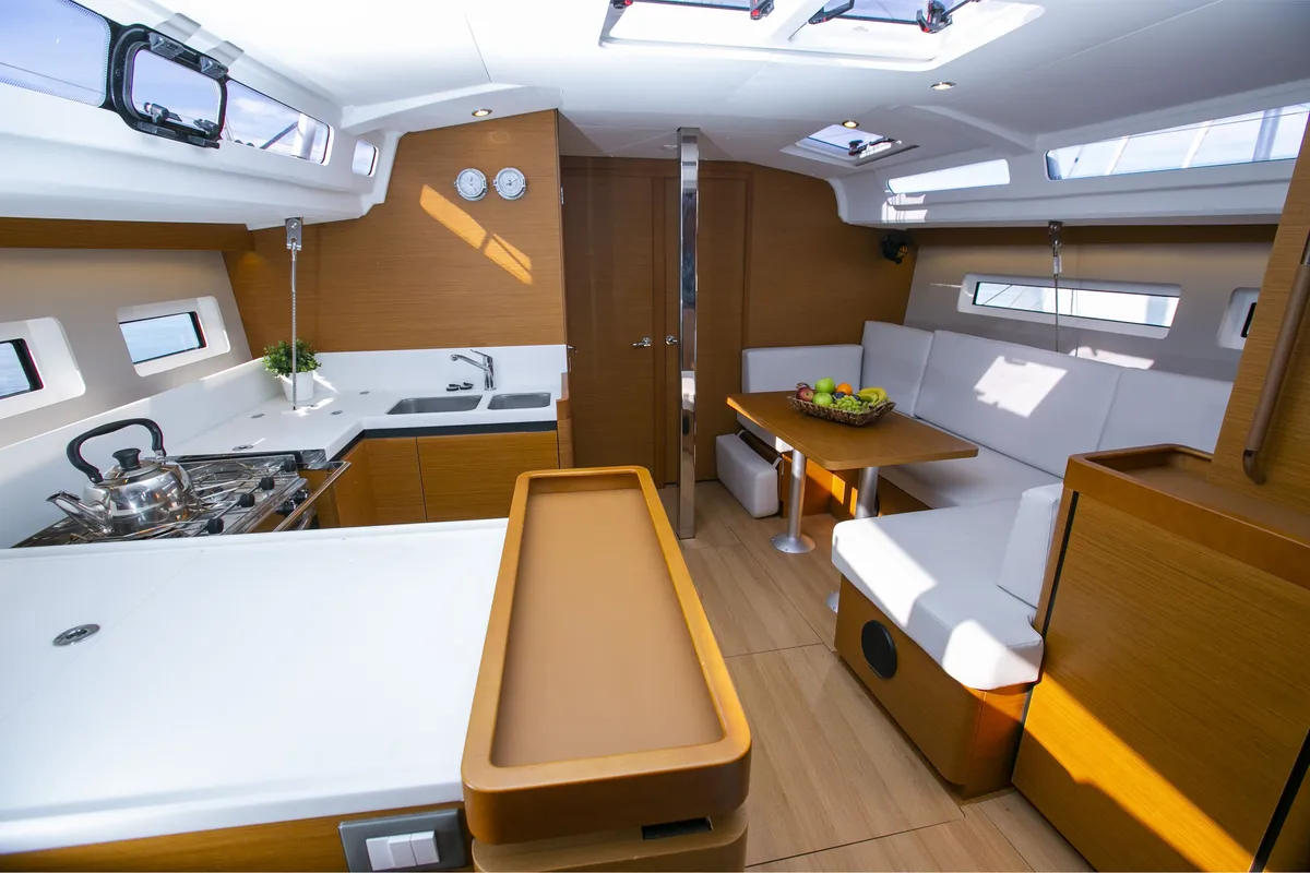 Salon of Endeavour, a Jeanneau Sun Odyssey 440 sailboat at Neo Klima, Greece