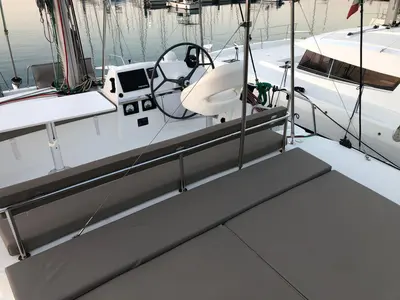 Cockpit of AQUA, a Bali 4.3 catamaran at Capo d'Orlando, Italy