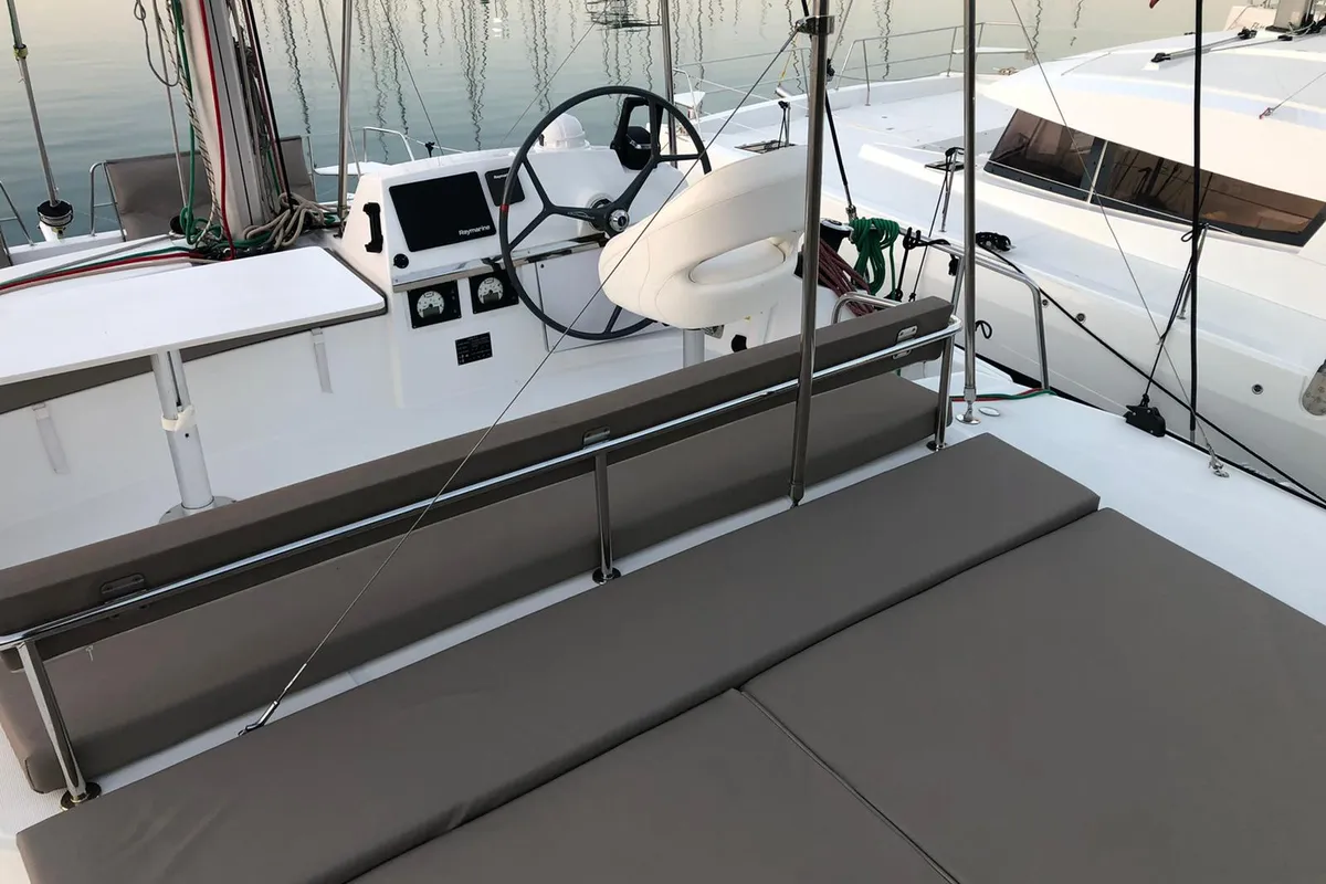 Cockpit of AQUA, a Bali 4.3 catamaran at Capo d'Orlando, Italy
