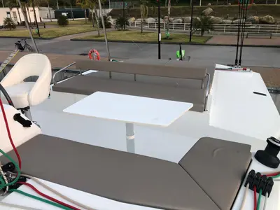 Deck of AQUA, a Bali 4.3 catamaran at Capo d'Orlando, Italy