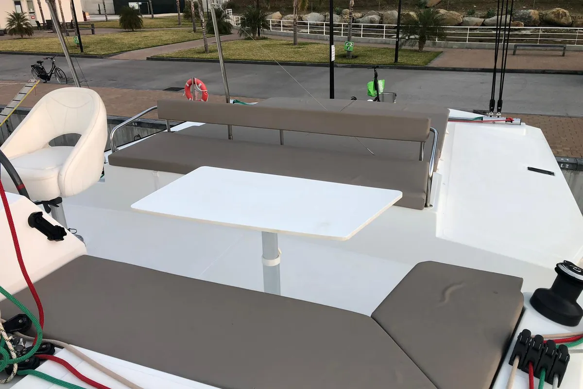 Deck of AQUA, a Bali 4.3 catamaran at Capo d'Orlando, Italy