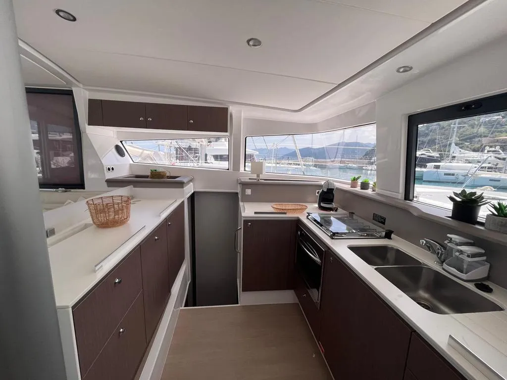 Galley of AQUA, a Bali 4.3 catamaran at Capo d'Orlando, Italy