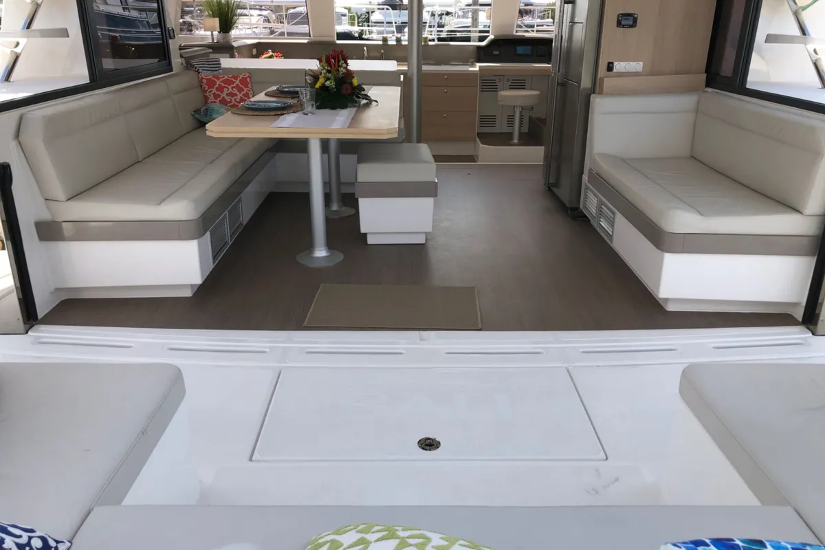 Salon of AQUA, a Bali 4.3 catamaran at Capo d'Orlando, Italy