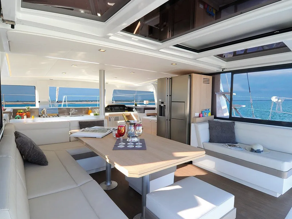 Salon of AQUA, a Bali 4.3 catamaran at Capo d'Orlando, Italy