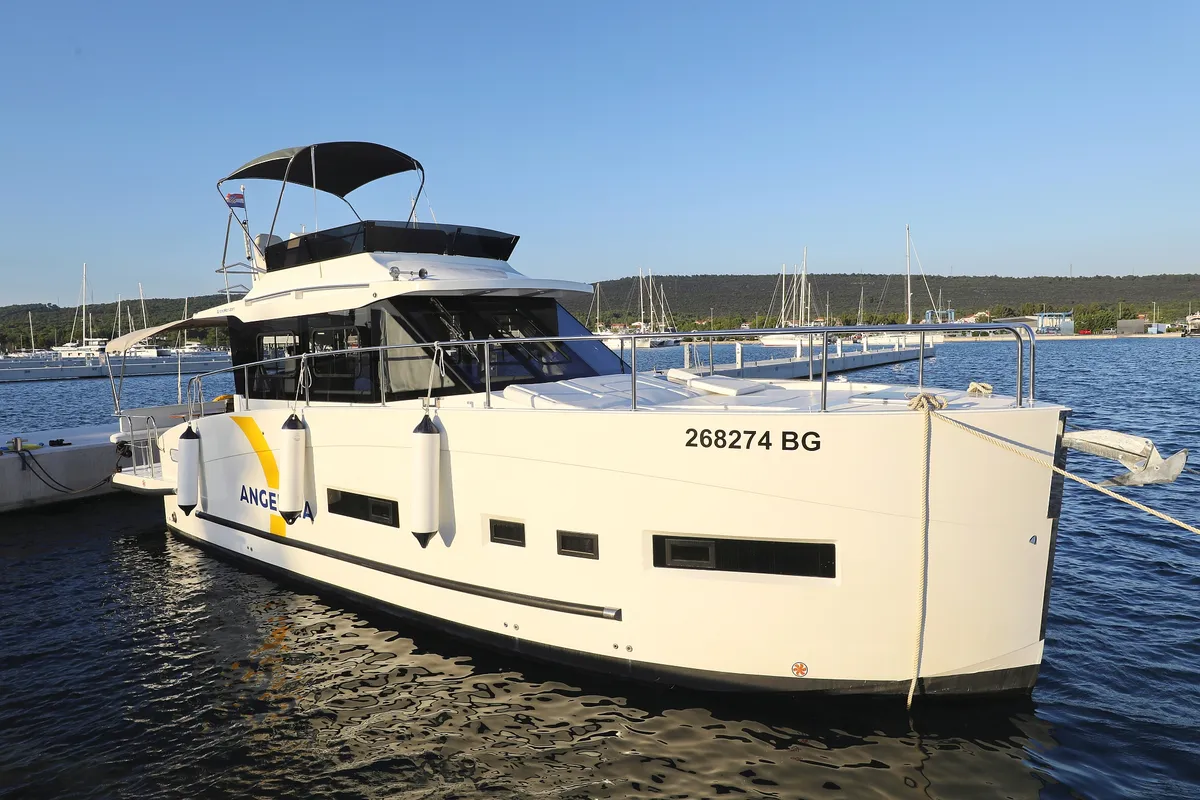 Exterior view of Backup, a Cobra Yachts Futura 40 Grand Horizon motor yacht at Općina Sukošan, Croatia