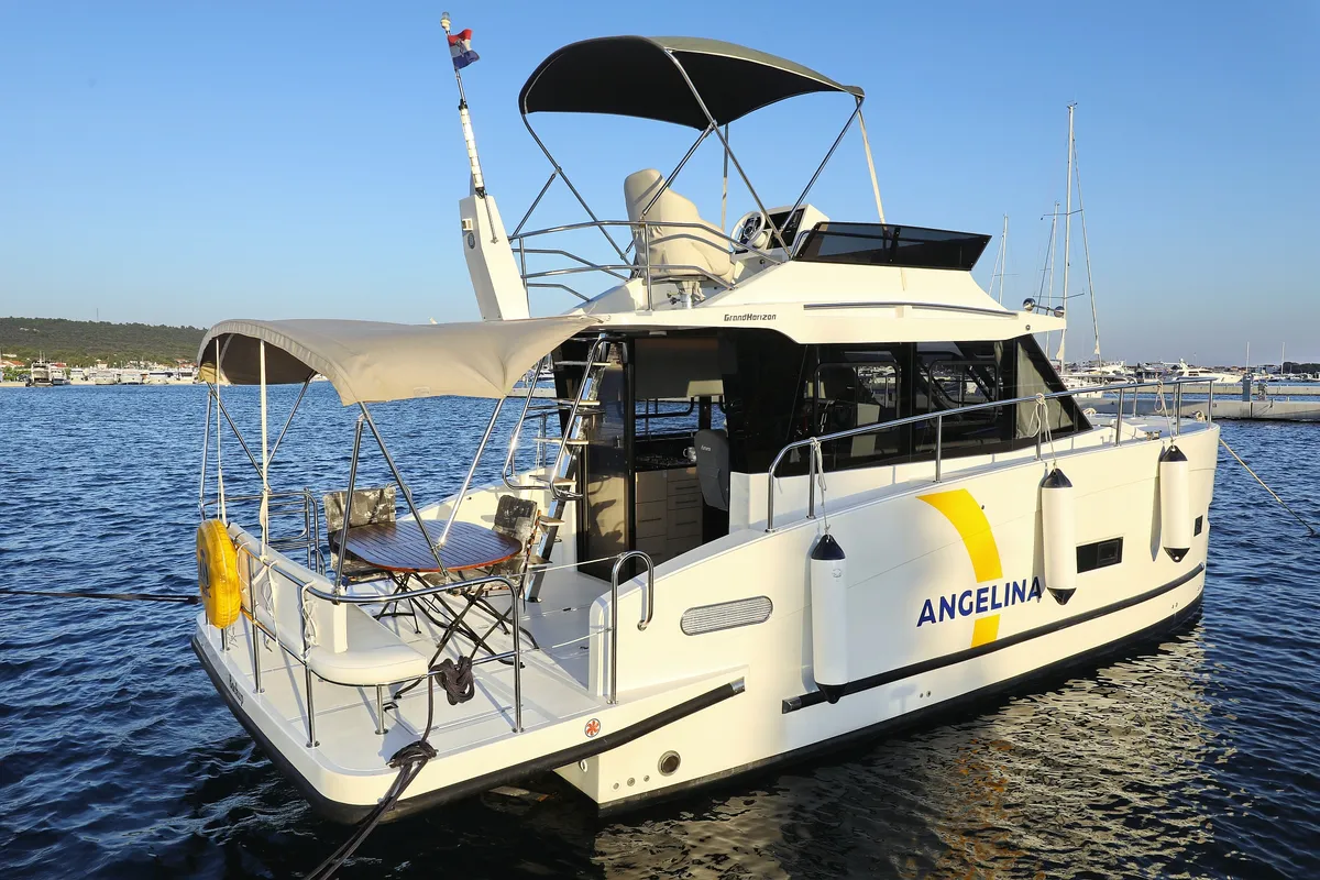 Exterior view of Backup, a Cobra Yachts Futura 40 Grand Horizon motor yacht at Općina Sukošan, Croatia