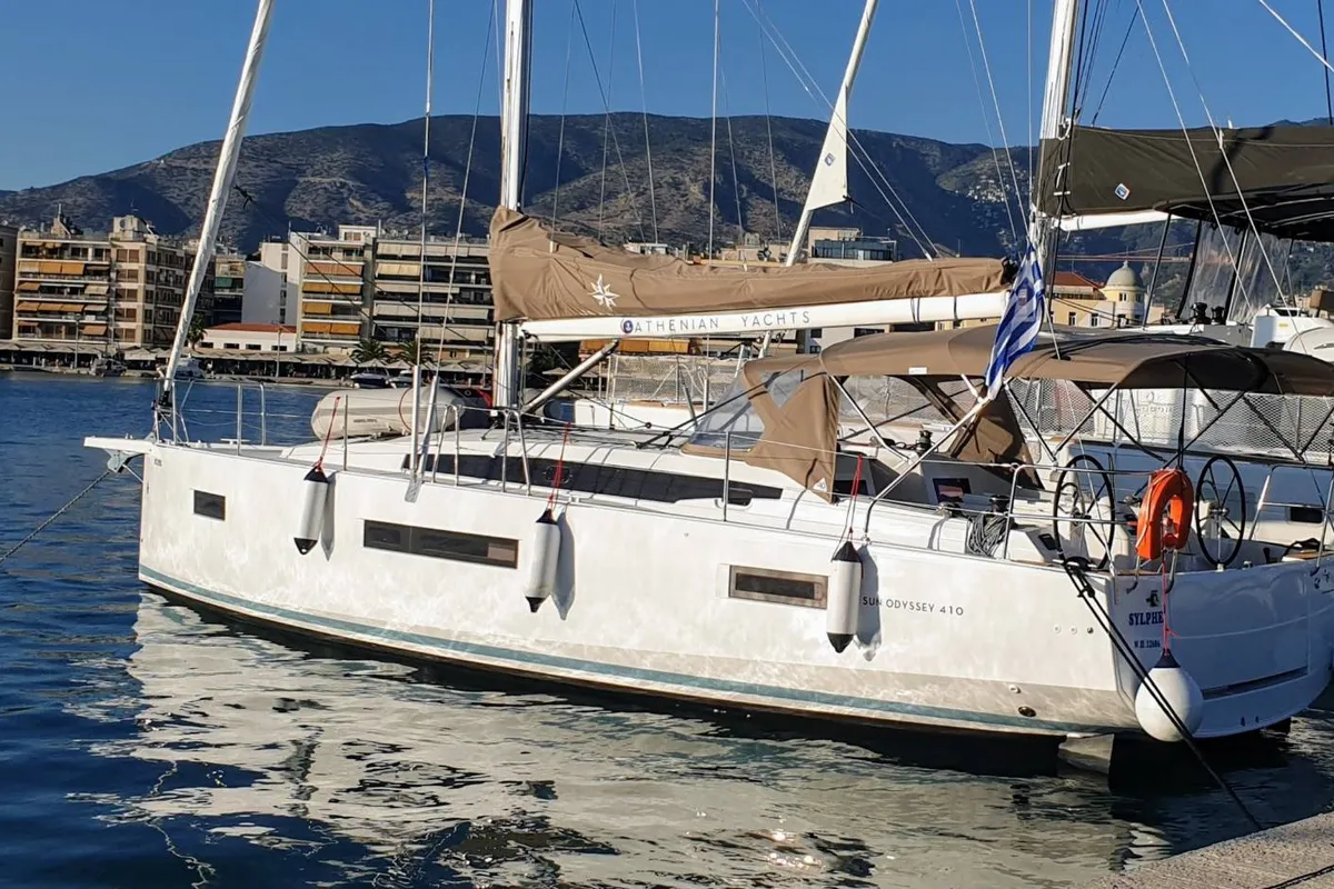 Exterior view of Sylphie, a Jeanneau Sun Odyssey 410 sailboat at Neo Klima, Greece