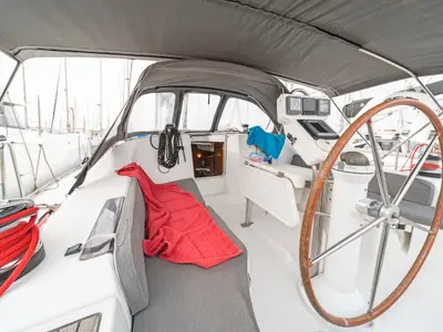 Cockpit of Milica, a Beneteau Oceanis 393 sailboat at Kos, Greece