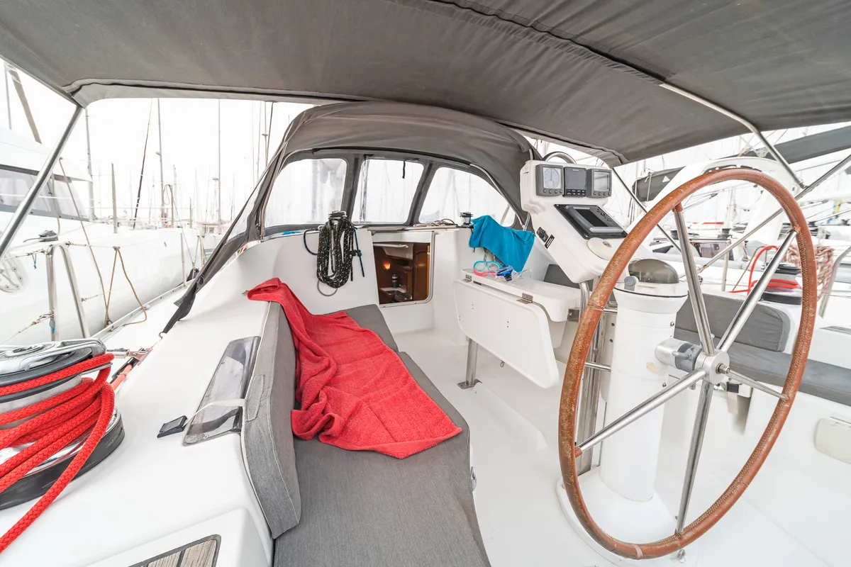 Cockpit of Milica, a Beneteau Oceanis 393 sailboat at Kos, Greece