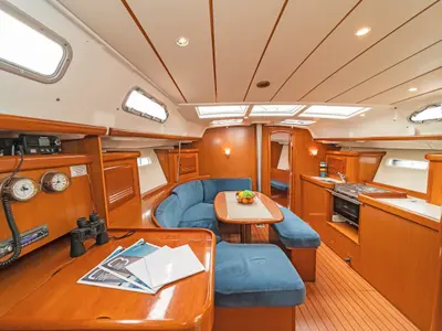 Salon of Milica, a Beneteau Oceanis 393 sailboat at Kos, Greece
