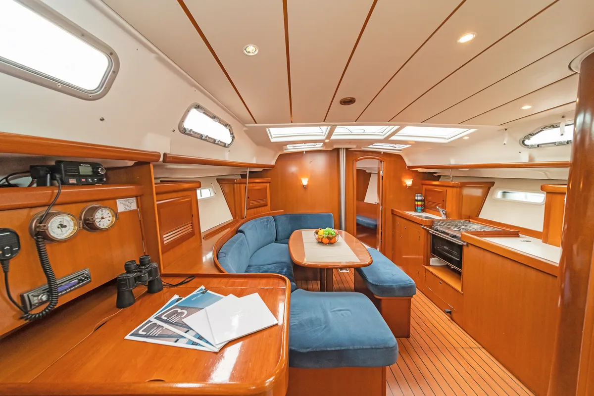 Salon of Milica, a Beneteau Oceanis 393 sailboat at Kos, Greece