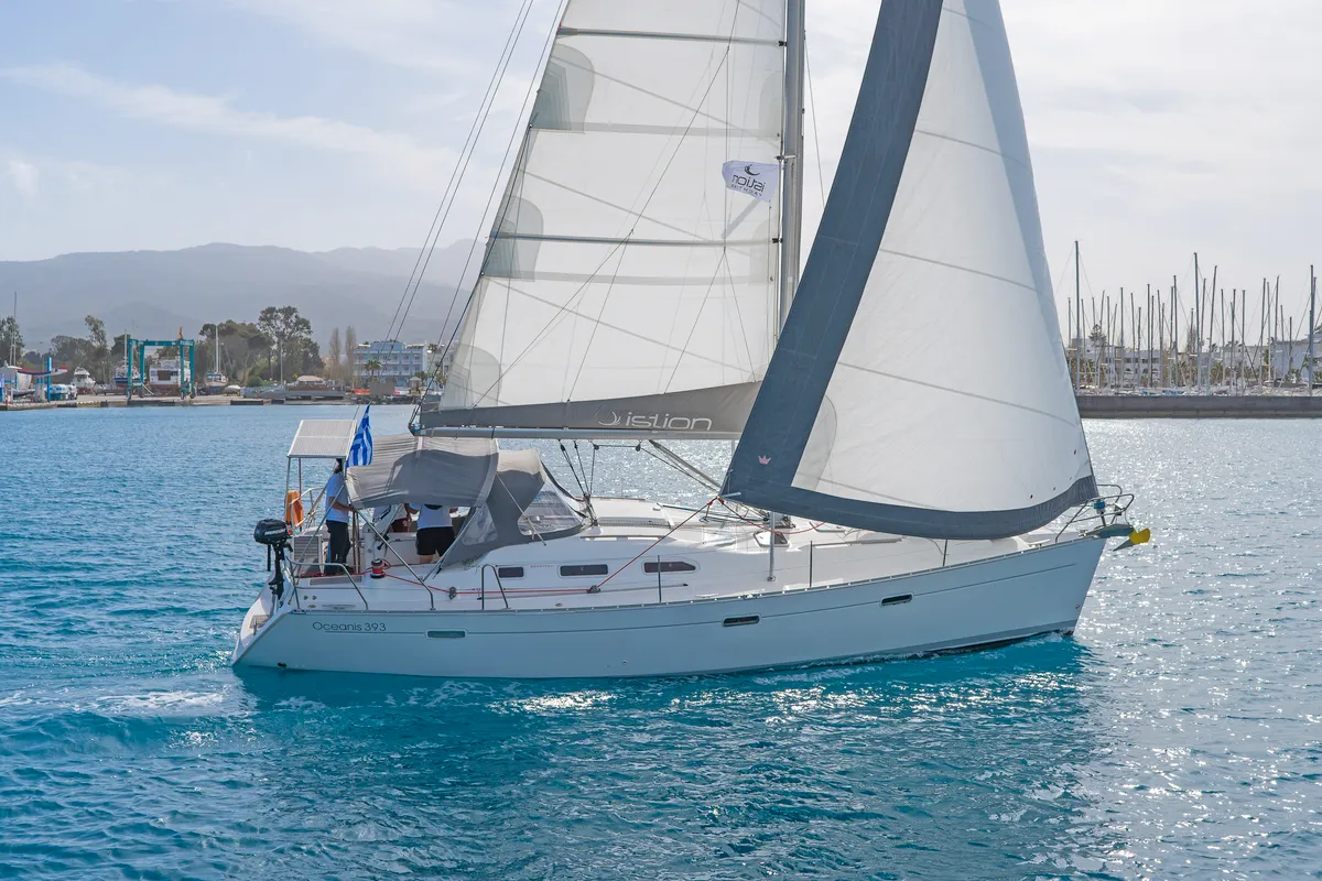 Exterior view of Milica, a Beneteau Oceanis 393 sailboat at Kos, Greece