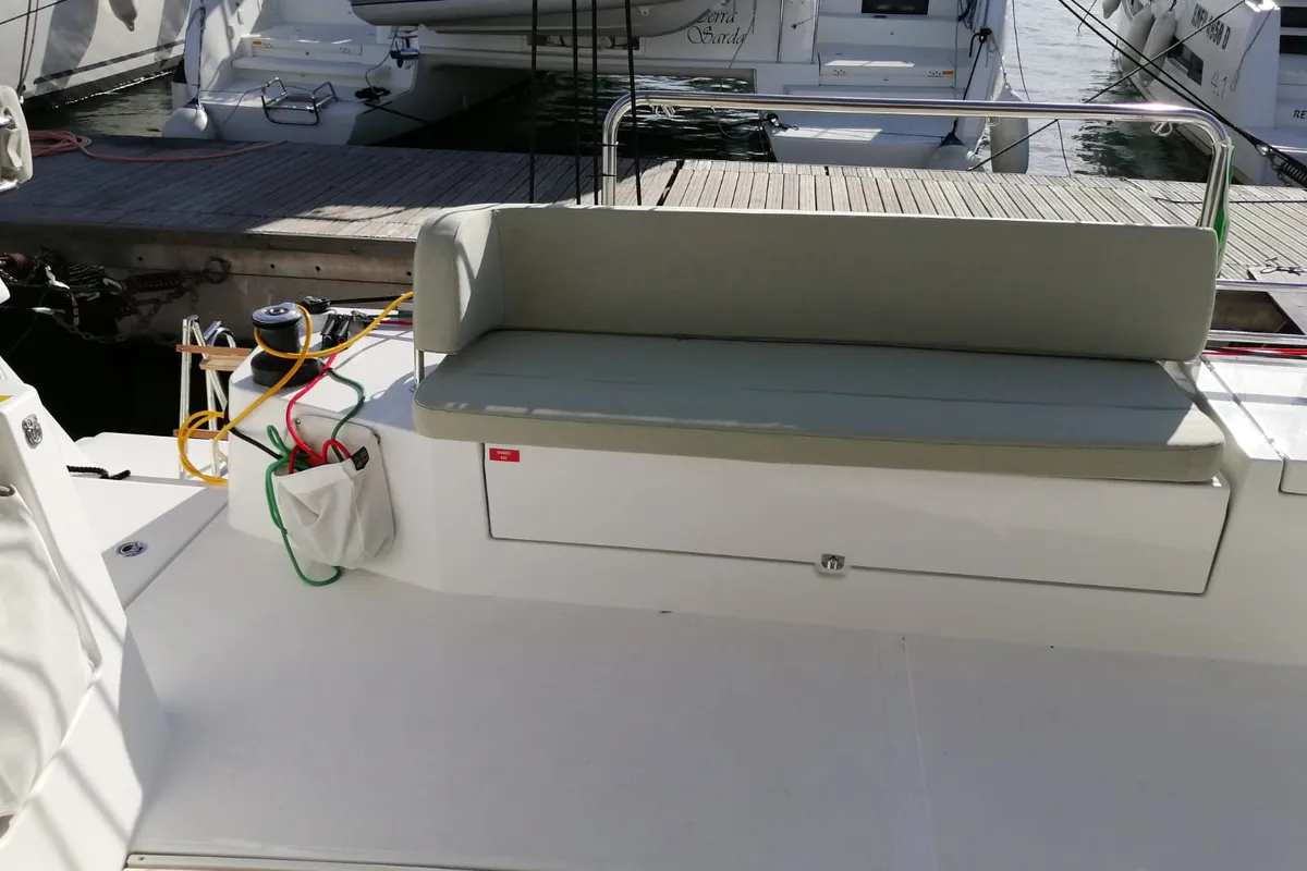 Deck of Violante, a Bali Catsmart catamaran at Cagliari, Italy