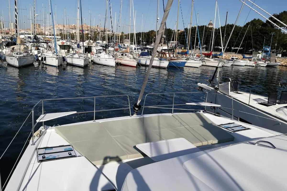 Deck of Violante, a Bali Catsmart catamaran at Cagliari, Italy