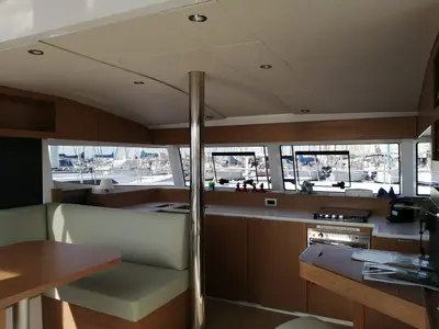 Salon of Violante, a Bali Catsmart catamaran at Cagliari, Italy