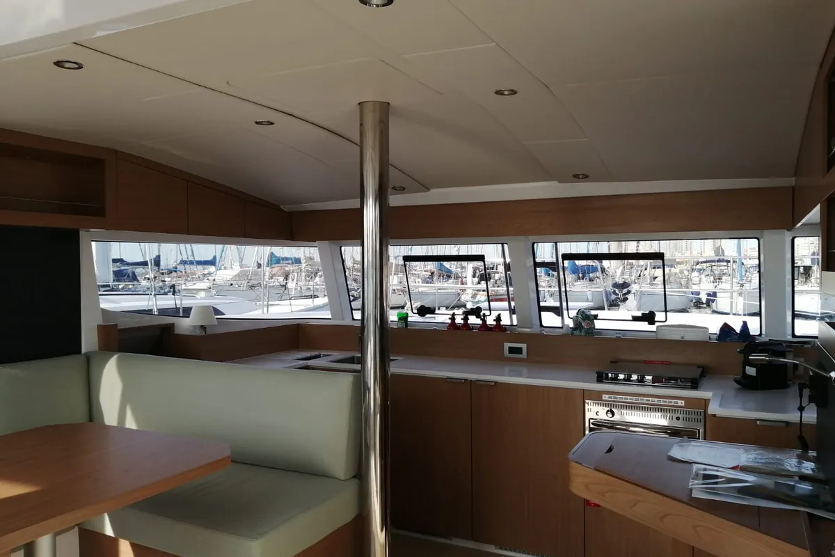 Salon of Violante, a Bali Catsmart catamaran at Cagliari, Italy